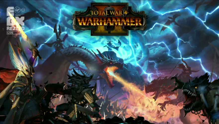 HD desktop wallpaper of Total War: Warhammer II featuring a dramatic battle scene with dragons and lightning.