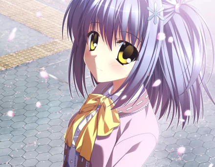 Rikka Sanada (Supipara) anime close-up: purple hair, golden eyes, yellow-bowed school uniform, cherry blossom petals drifting; 2K Quad HD PC desktop wallpaper/background.