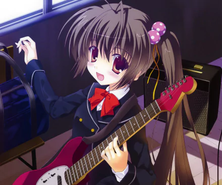 Anime girl with long black hair, brown eyes, and a pink ribbon smiles while holding a red electric guitar in a 4K Ultra HD PC desktop wallpaper background.