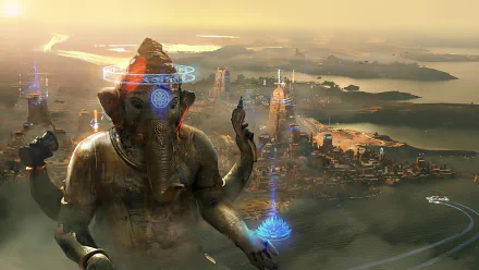 HD desktop wallpaper featuring a cyberpunk, futuristic cityscape from the video game Beyond Good & Evil 2. The image includes a colossal, illuminated statue of Ganesh under a golden sunset sky.