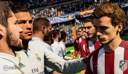 HD desktop wallpaper of FIFA 18 featuring Cristiano Ronaldo shaking hands with players in a stadium. Players are wearing Real Madrid and Atletico Madrid jerseys.