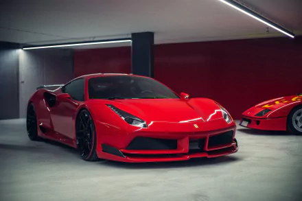 4K Ultra HD wallpaper showing a red Ferrari 488 GTB supercar parked in a modern garage, with another Ferrari 488 vehicle visible in the background.