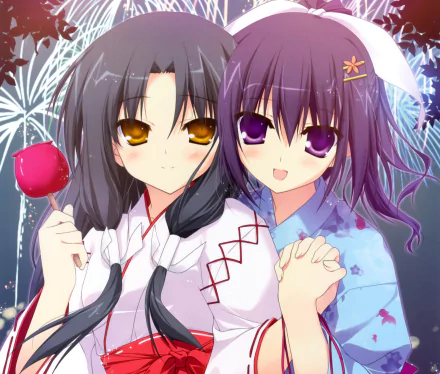 purple hair blush smile ponytail ribbon apple fireworks black hair yellow eyes purple eyes long hair Anime Original HD Desktop Wallpaper | Background Image