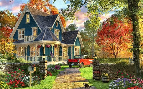Artistic Painting Vintage Retro House Car Tree Flower HD Wallpaper | Background Image