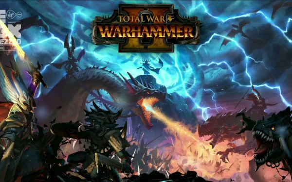HD desktop wallpaper of Total War: Warhammer II featuring a dramatic battle scene with dragons and lightning.