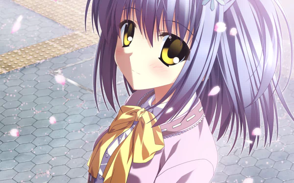 Rikka Sanada (Supipara) anime close-up: purple hair, golden eyes, yellow-bowed school uniform, cherry blossom petals drifting; 2K Quad HD PC desktop wallpaper/background.