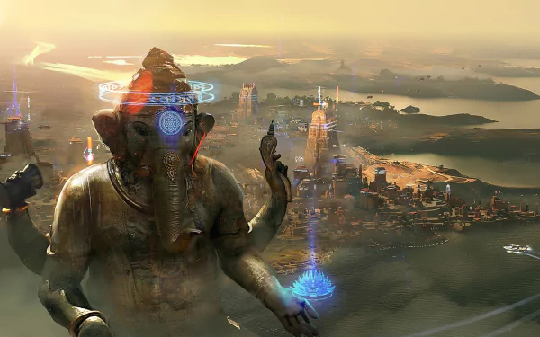HD desktop wallpaper featuring a cyberpunk, futuristic cityscape from the video game Beyond Good & Evil 2. The image includes a colossal, illuminated statue of Ganesh under a golden sunset sky.