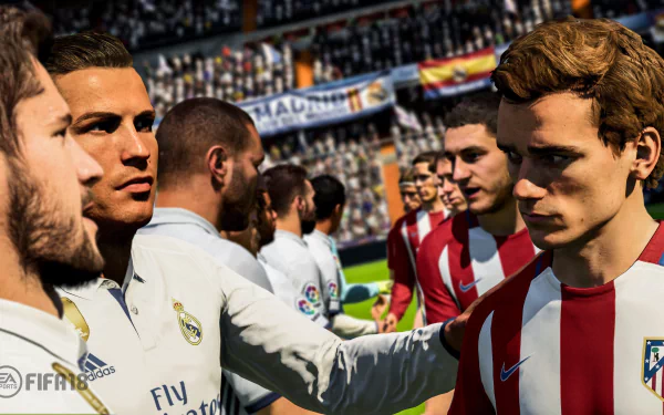 HD desktop wallpaper of FIFA 18 featuring Cristiano Ronaldo shaking hands with players in a stadium. Players are wearing Real Madrid and Atletico Madrid jerseys.