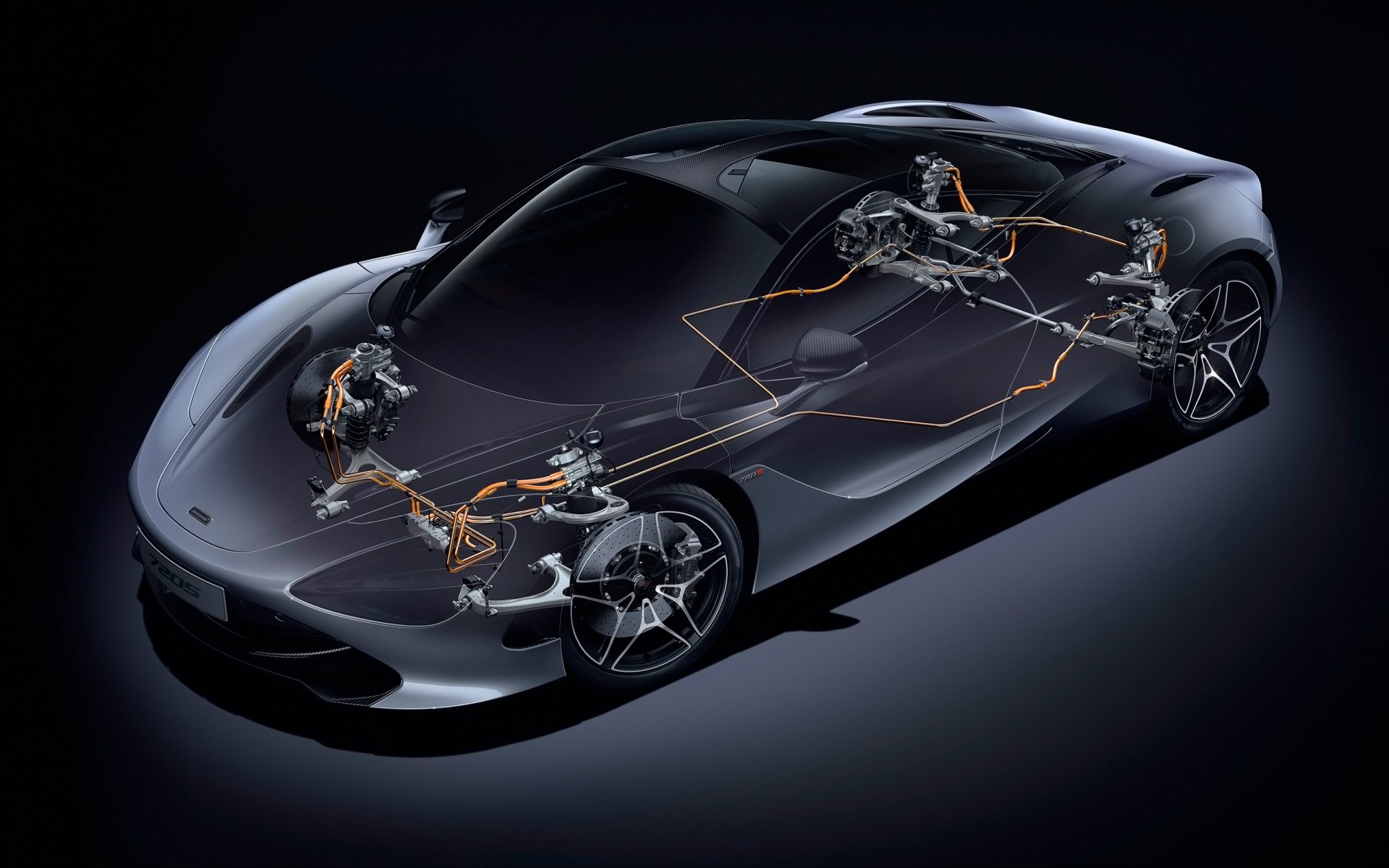 Semi-transparent McLaren 720S supercar showing internal drivetrain and suspension schematics on a dark 2K Quad HD PC desktop wallpaper.