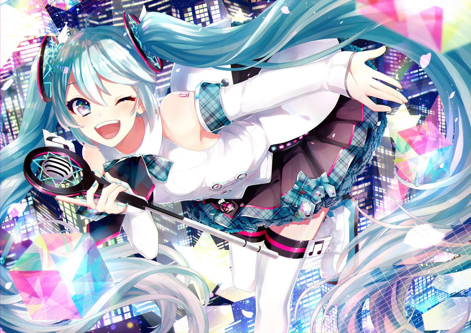 HD desktop wallpaper featuring Hatsune Miku, a popular Vocaloid anime character, in a dynamic pose with vibrant, colorful cityscape background.