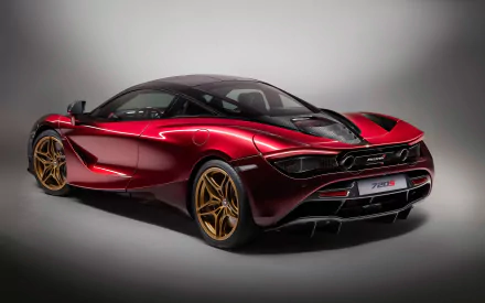 HD desktop wallpaper of a sleek McLaren 720S Velocity by MSO coupé supercar, showcasing its curvaceous design and gold alloy wheels against a clean backdrop.