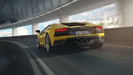 Yellow Lamborghini Aventador S supercar speeding through a sunlit tunnel — HD PC desktop wallpaper and background featuring a Lamborghini car.