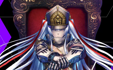 HD desktop wallpaper featuring Altair (Re:Creators) also known as Gunpuku no Himegimi. The character is depicted in detailed armor with a determined expression, sitting on a regal throne.