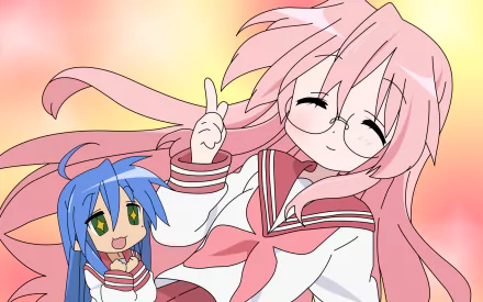 HD anime desktop wallpaper featuring Miyuki Takara and Konata Izumi from Lucky Star with soft pink and peach background tones.