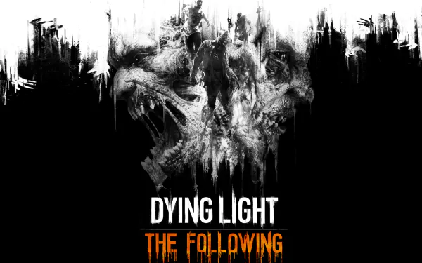 HD wallpaper of Dying Light: The Following with a black and white artistic zombie design and game title.