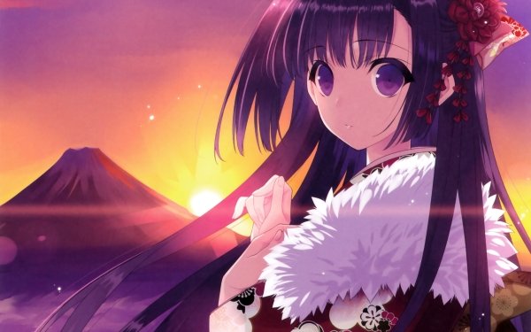 Anime Original Kimono Long Hair Flower Ribbon Sunset Purple Eyes Purple Hair HD Wallpaper | Background Image