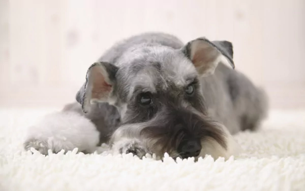 HD PC desktop wallpaper: a gray schnauzer dog (animal) lying on a plush white rug, close-up portrait with soft lighting and a calm expression.
