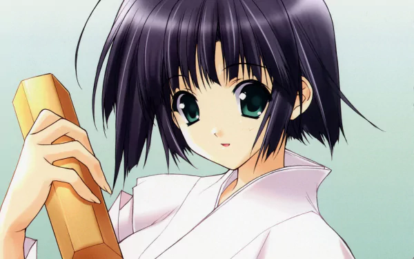 smile black hair green eyes miko outfit short hair Anime Original HD Desktop Wallpaper | Background Image