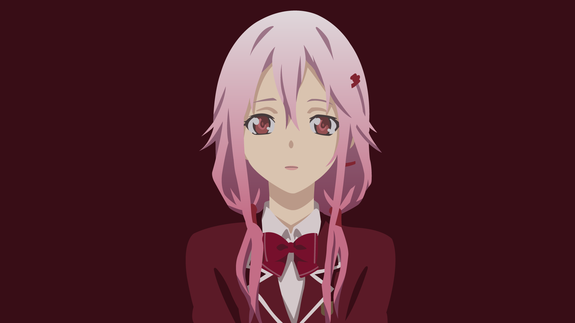 Inori Yuzuriha from Guilty Crown depicted in a 4K Ultra HD anime-style desktop wallpaper with soft pink hair and a red school uniform against a dark background.