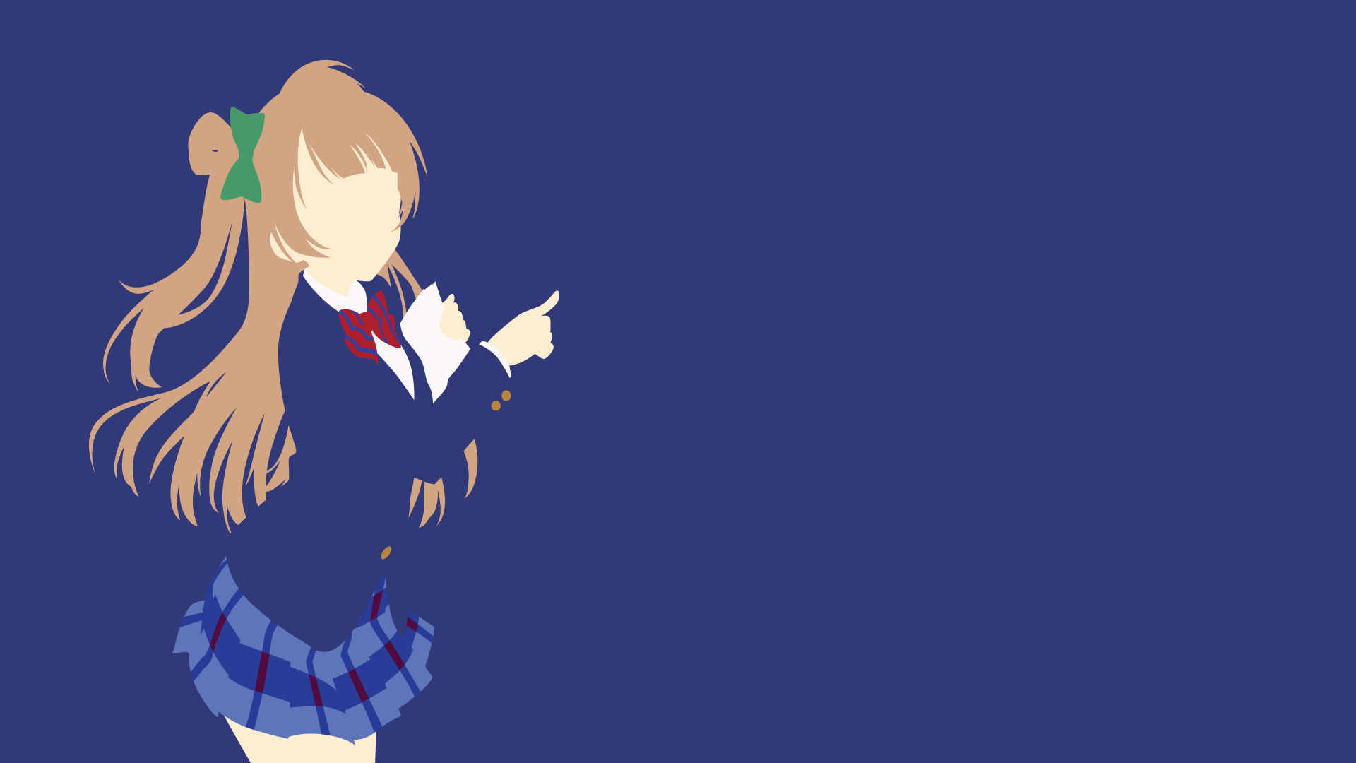 HD PC desktop wallpaper/background of Kotori Minami from Love Live! — anime-style cutout of her in a school uniform with long brown hair and green ribbon on a deep navy backdrop.