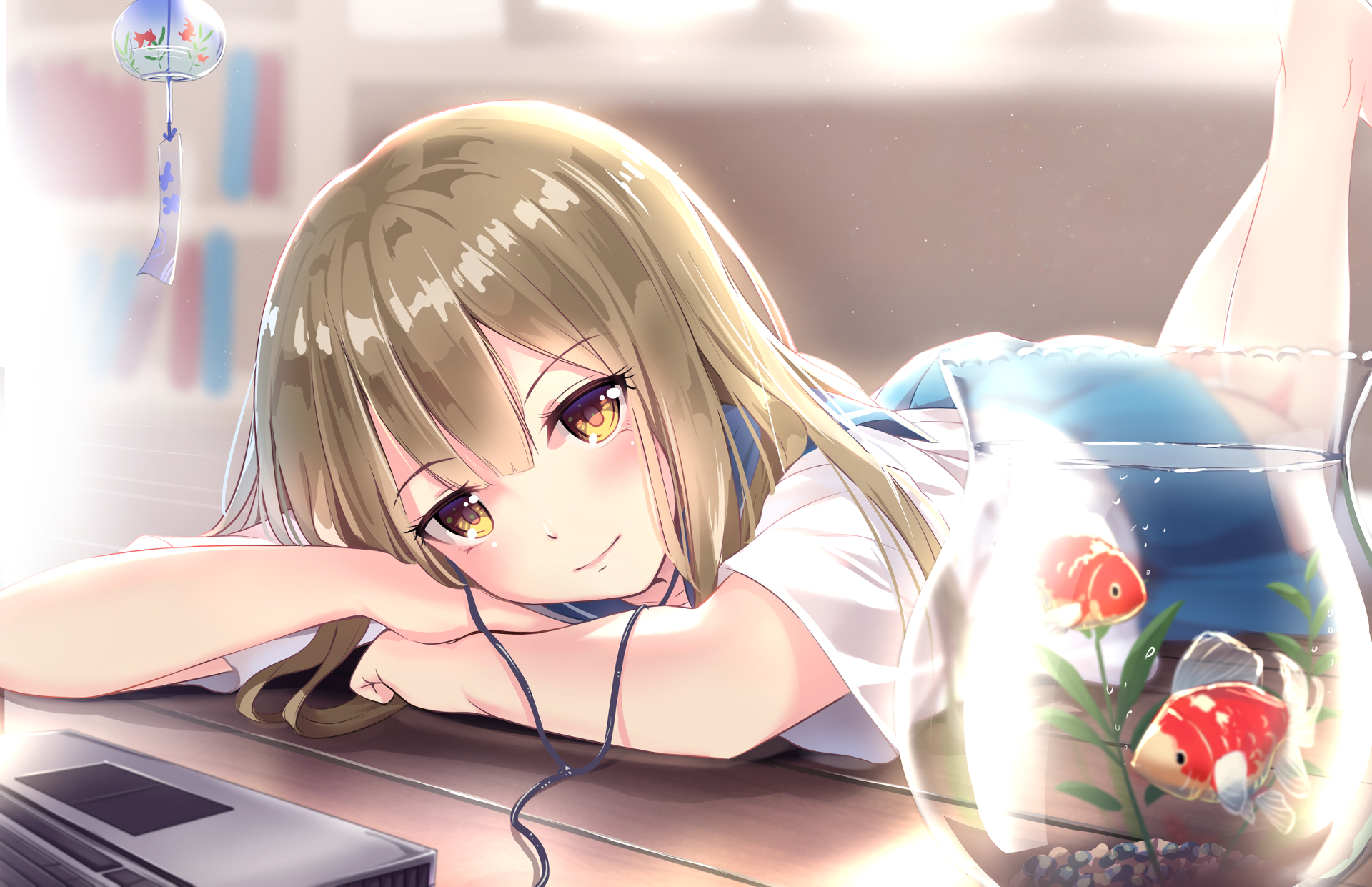 Anime-inspired HD desktop wallpaper featuring an original character lying down, listening to music, with a fishbowl containing two goldfish in the foreground.