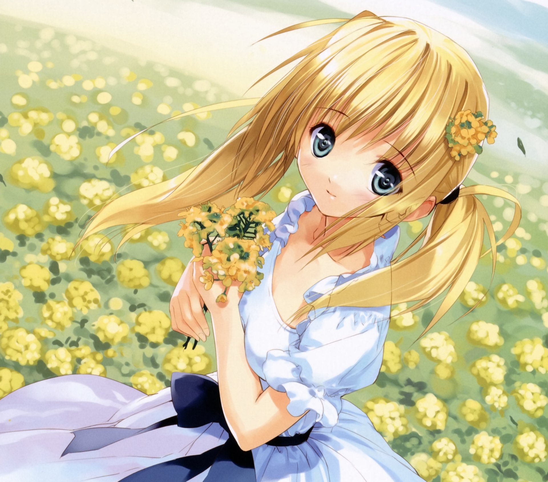 Download Bow (Clothing) Blush Blue Eyes Flower Smile Blonde Twintails Anime Original 4k Ultra HD Wallpaper by Ueda Ryo