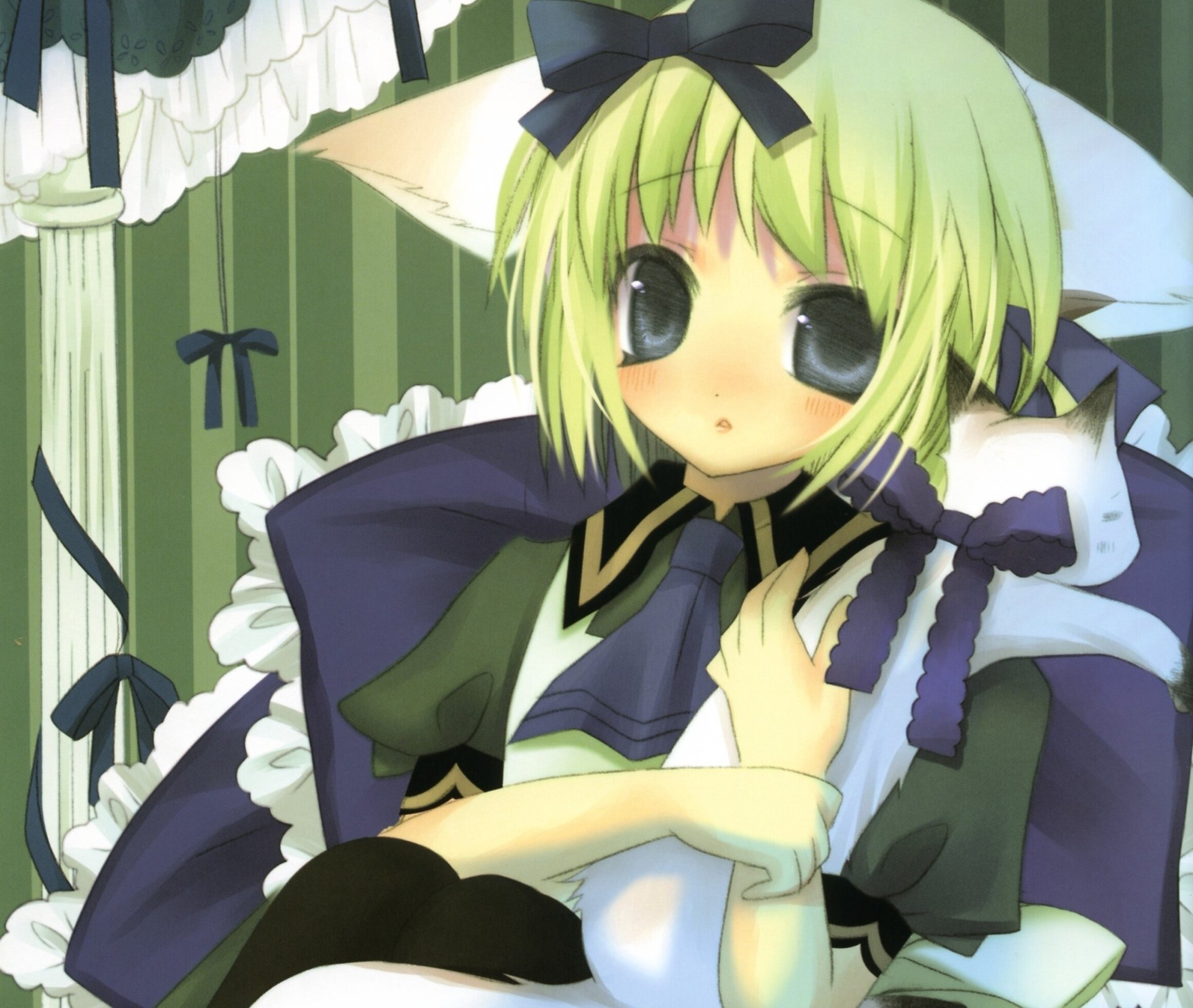 Download Bow (Clothing) Blush Black Eyes Cat Green Hair Short Hair Anime Original Anime Cat HD Wallpaper by Hinayuki Usa