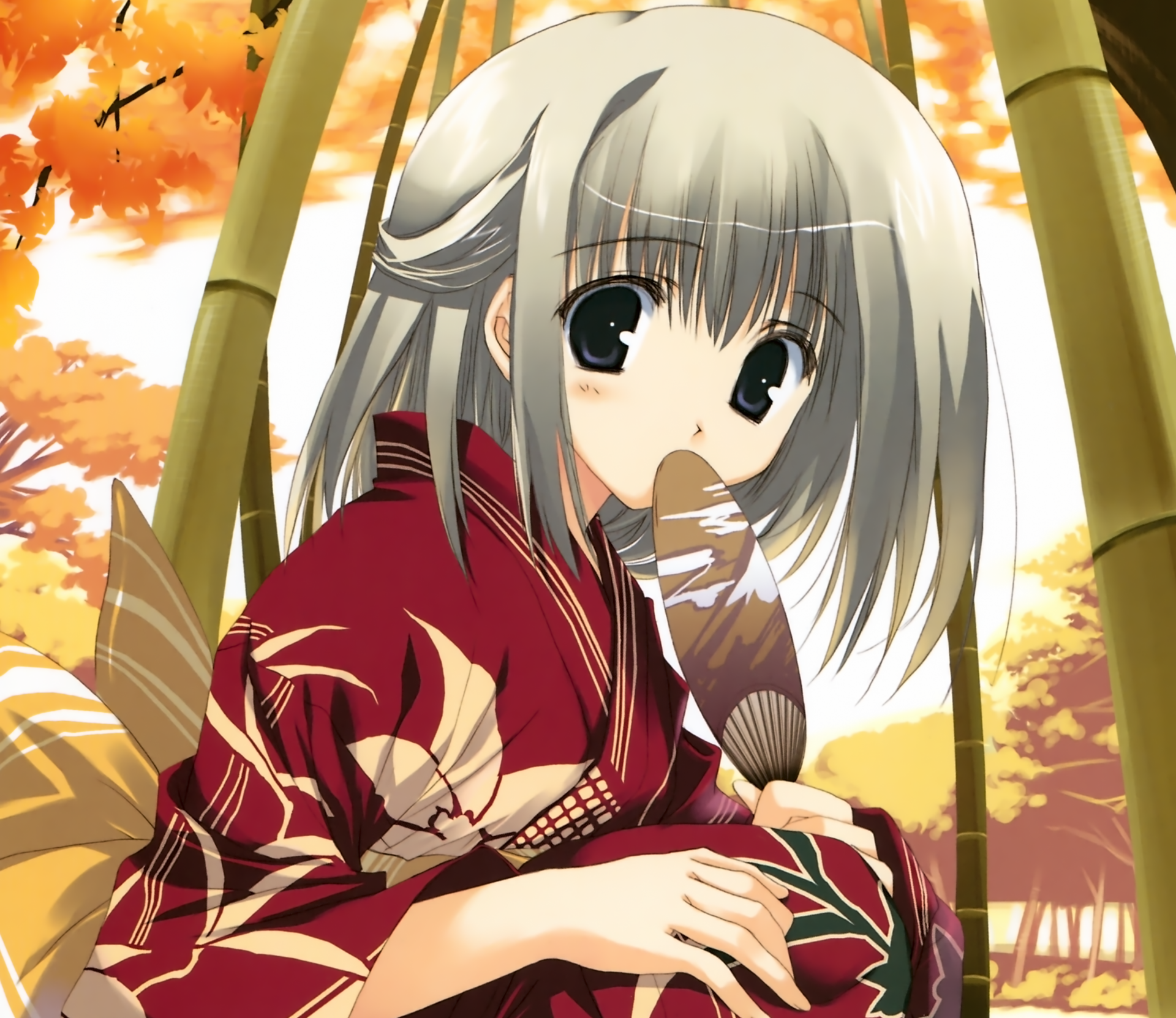 Download Bow (Clothing) Black Eyes Kimono Fan Bamboo Grey Hair Short Hair Anime Original HD Wallpaper by Misato Mitsumi