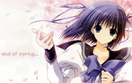 cherry blossom ribbon purple eyes blue hair short hair Anime Original HD Desktop Wallpaper | Background Image