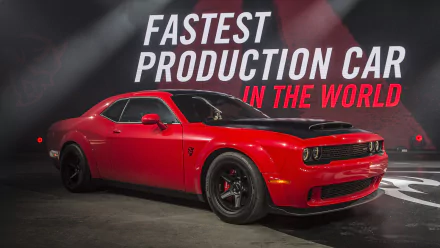 HD desktop wallpaper featuring a red Dodge Challenger SRT Demon, a legendary Mopar muscle car and one of the fastest production vehicles in the world.