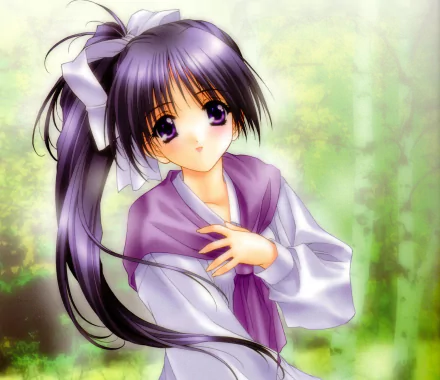 purple eyes ponytail ribbon black hair long hair blush smile Anime Original HD Desktop Wallpaper | Background Image