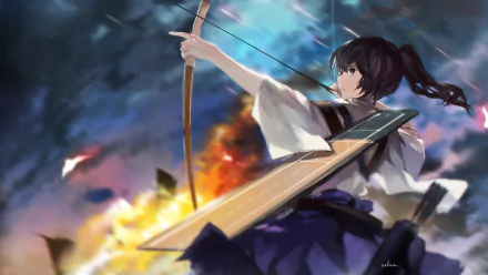 HD desktop wallpaper featuring Kaga from Kancolle, an anime character from Kantai Collection, wielding a bow and arrow amidst a dramatic, fiery background.