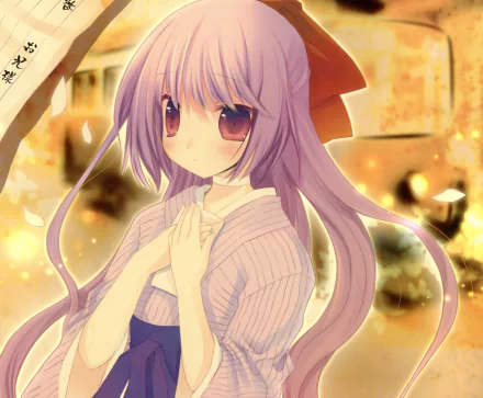 bow (Clothing) blush purple eyes kimono purple hair long hair Anime Original HD Desktop Wallpaper | Background Image