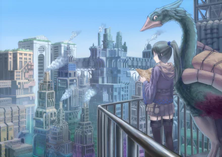 Anime-style HD desktop wallpaper featuring a long-haired girl with a ponytail holding a map, standing on a balcony overlooking a detailed cityscape with a large bird beside her.