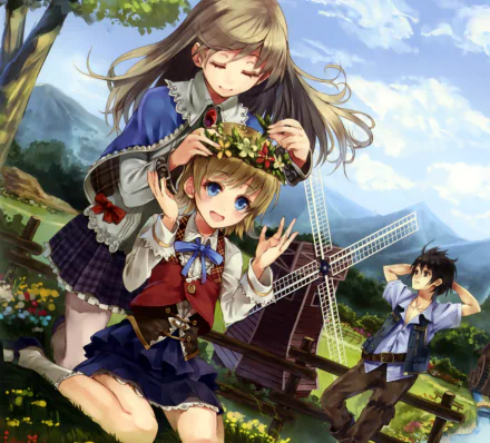 blue eyes blush smile flower windmill bow (Clothing) brown hair black hair blonde long hair short hair Anime Original HD Desktop Wallpaper | Background Image