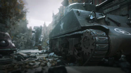 HD wallpaper featuring a scene from Call of Duty: WWII, showcasing a gritty, realistic view of a tank on a war-torn street. The image captures the intense atmosphere of the gameplay.