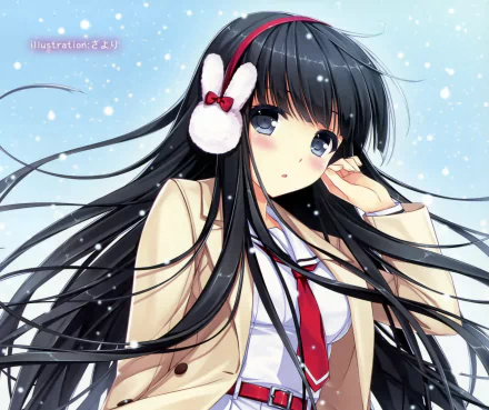 Anime-style HD wallpaper of a long-haired girl with black hair, blue eyes, and a coat, standing in falling snow with a red bow and white bunny hair accessory.
