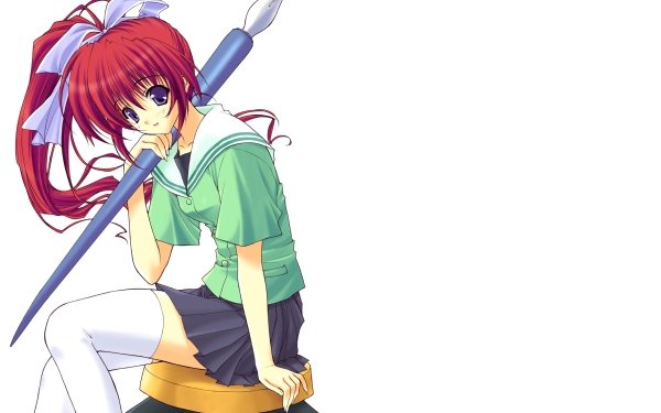 Anime Original Pen Red Hair Ponytail Smile Blush Ink Ribbon Purple Eyes HD Wallpaper | Background Image