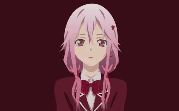 Inori Yuzuriha from Guilty Crown depicted in a 4K Ultra HD anime-style desktop wallpaper with soft pink hair and a red school uniform against a dark background.
