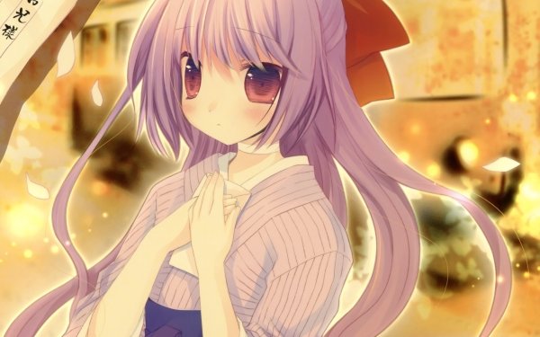 Anime Original Long Hair Purple Hair Kimono Purple Eyes Blush bow HD Wallpaper | Background Image