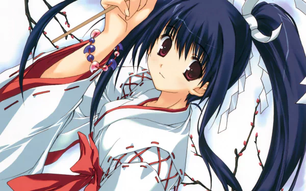 blush smile red eyes blue hair long hair bow (Clothing) miko outfit Anime Original HD Desktop Wallpaper | Background Image