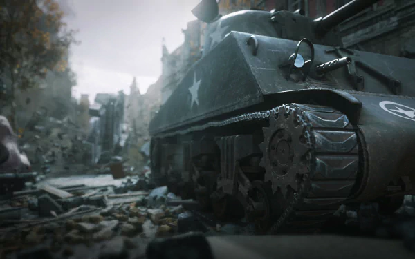 HD wallpaper featuring a scene from Call of Duty: WWII, showcasing a gritty, realistic view of a tank on a war-torn street. The image captures the intense atmosphere of the gameplay.