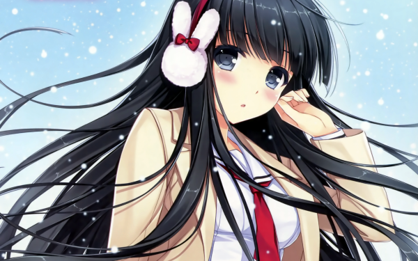 Anime Original bow Blue Eyes Long Hair Black Hair Blush Snow Coat HD Wallpaper | Background Image