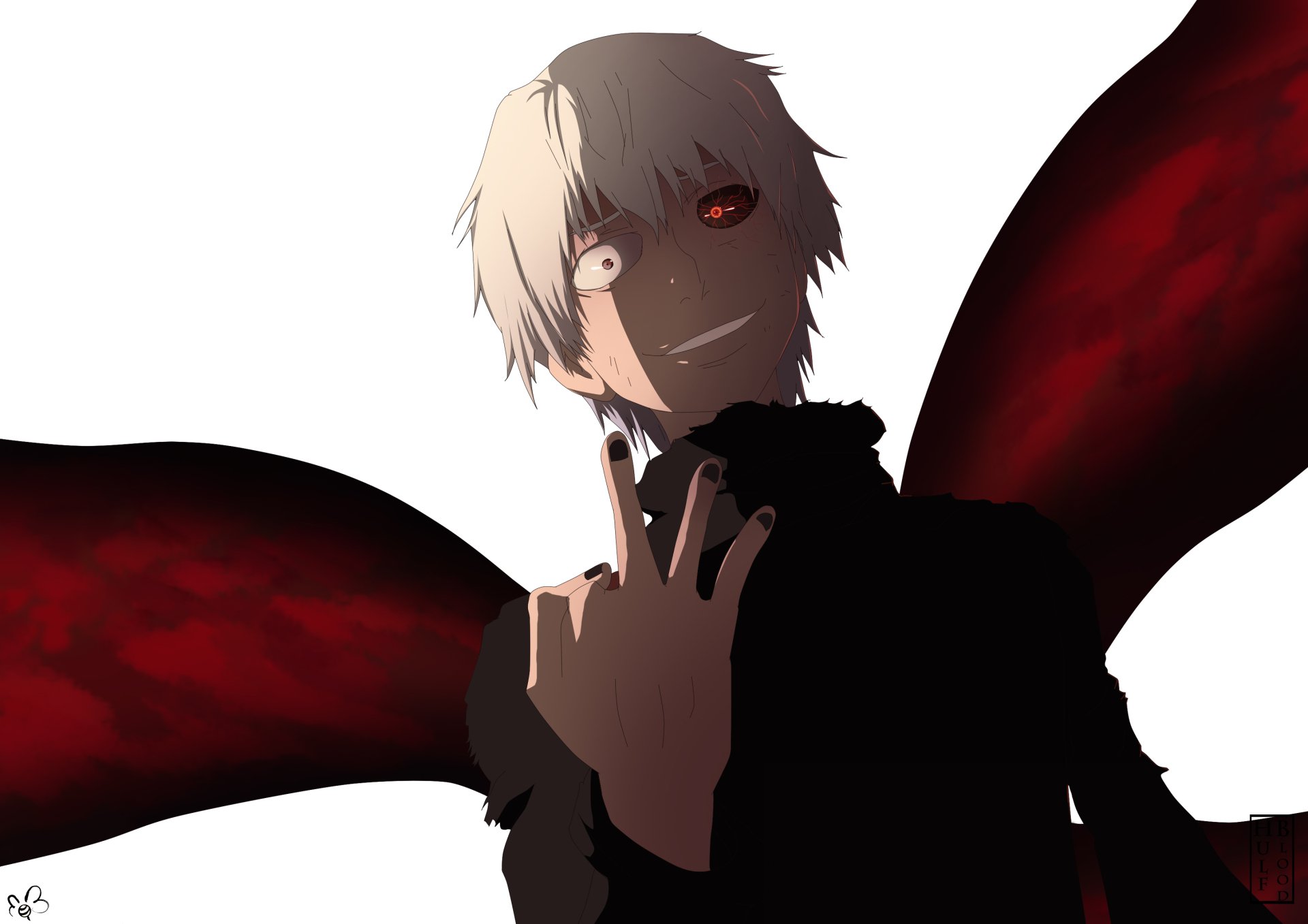 HD PC desktop wallpaper featuring Ken Kaneki from the anime Tokyo Ghoul, with his white hair and red eye set against a white background and dark red kagune wings.