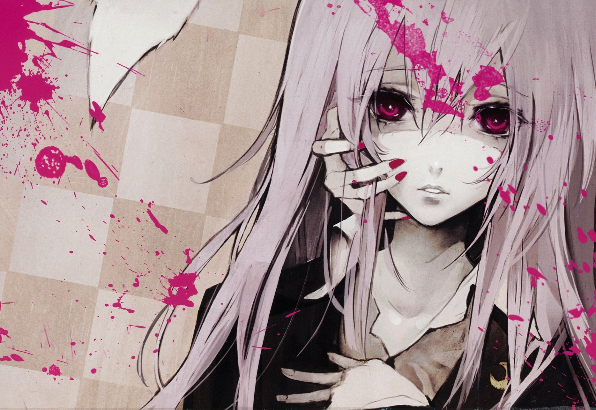 HD PC desktop wallpaper of Reisen Udongein Inaba from Touhou: pale, long-haired anime girl with red eyes and vivid pink paint splatters across her face and background.