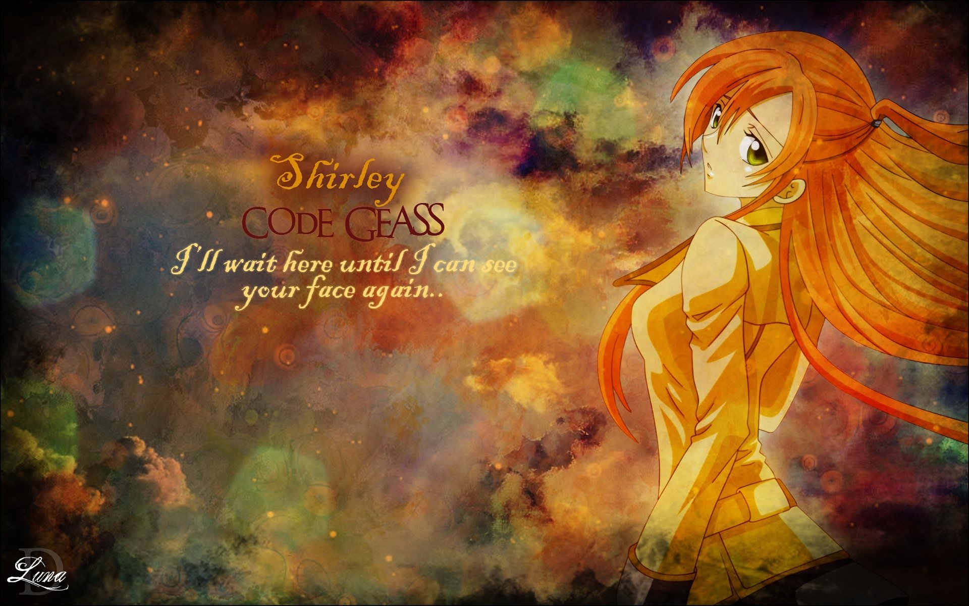 HD PC desktop wallpaper/background: anime (Code Geass) portrait of Shirley with long orange hair, gazing over her shoulder against a vibrant cosmic nebula backdrop with a handwritten quote.