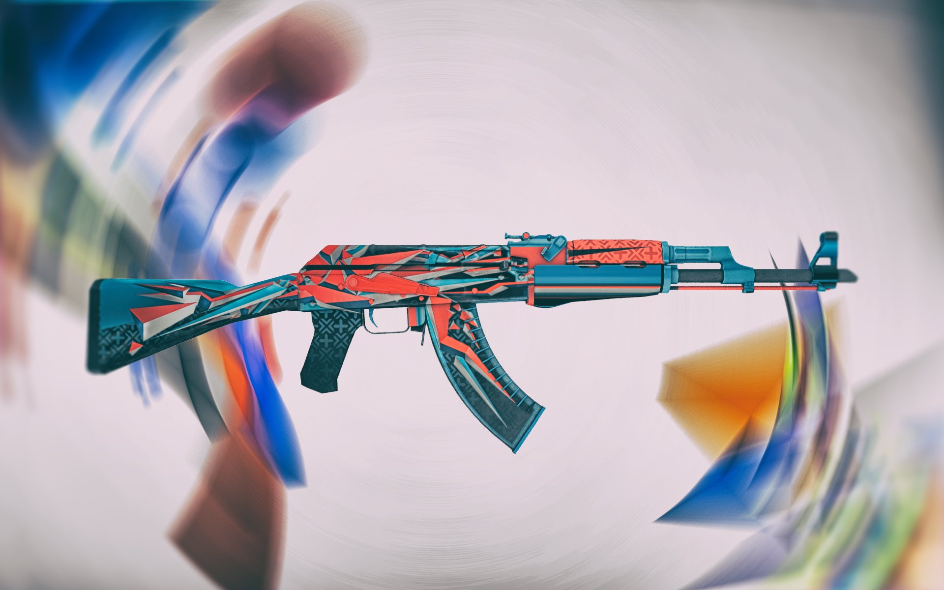 A vibrant HD wallpaper featuring an AK-47, inspired by the aesthetics of the video game Counter-Strike: Global Offensive, set against an abstract colorful background.