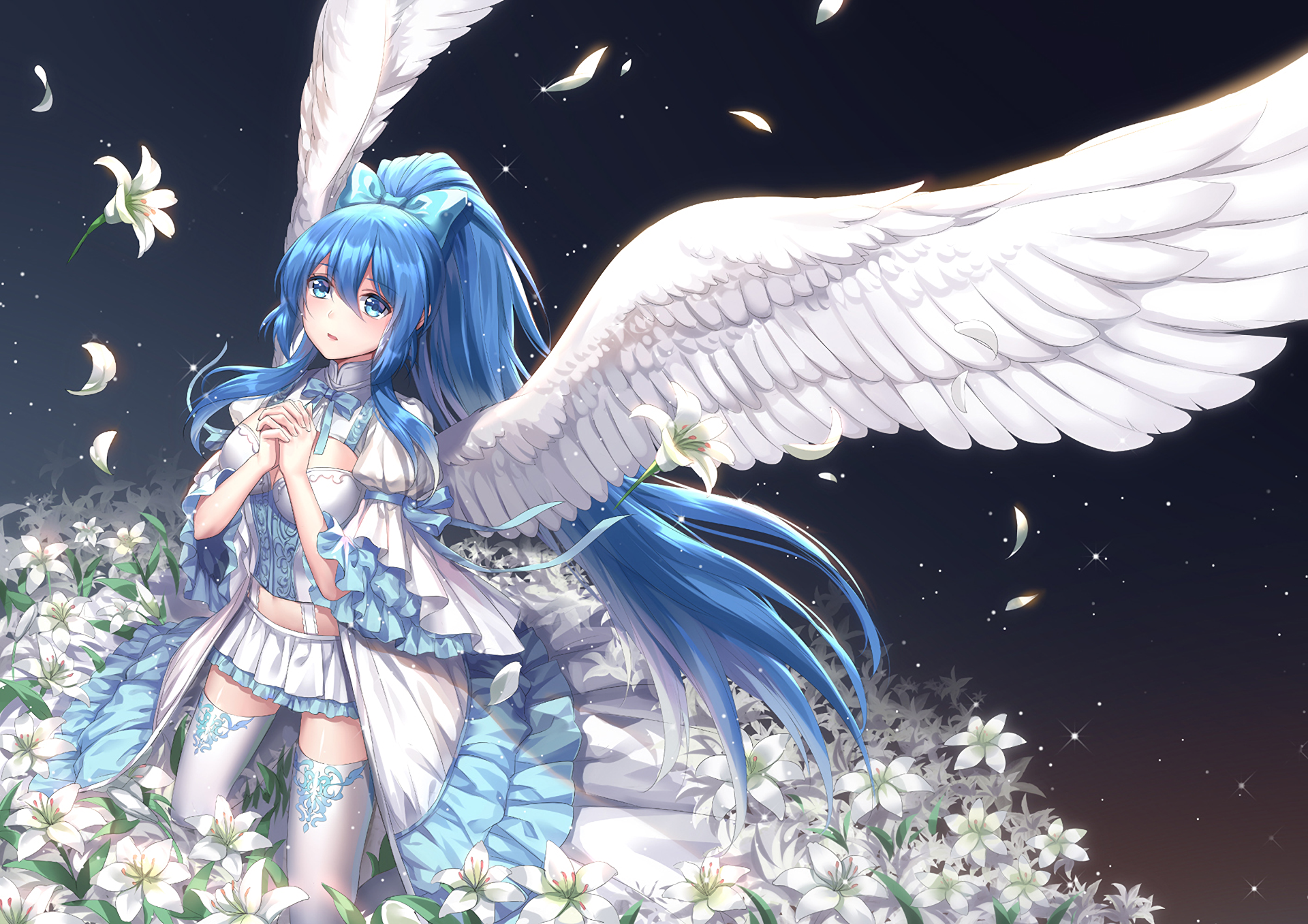 HD anime original artwork of a blue-haired angel with large white wings surrounded by white flowers, designed as a vibrant PC desktop wallpaper and background.