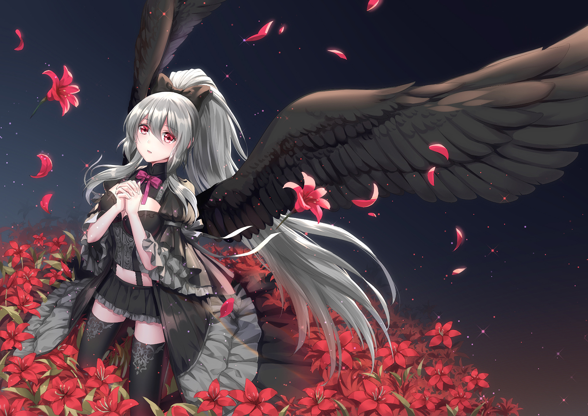 HD anime original artwork featuring a silver-haired character with large black wings surrounded by red flowers and petals, designed as a PC desktop wallpaper background.