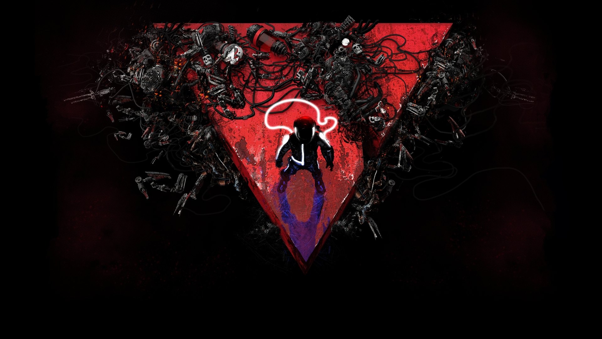 HD desktop wallpaper of Nex Machina featuring a character silhouette within a vibrant red triangular design against a dark, chaotic background.